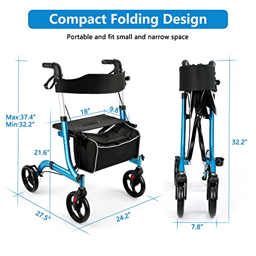 Rollator Walkers for Seniors-Folding Rollator Walker with Seat and Four 8-inch Wheels-Medical Rollator Walker with Comfort Handles and Thick Backrest-Lightweight Aluminium Frame, Champagne
