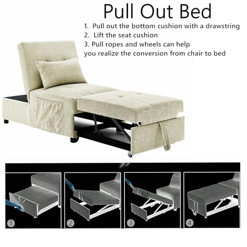 Sofa Bed Chair Sleeper, Modern 4-in-1 Convertible Sleeper Chair Bed,Breathable Fabric Sleeper Ottoman Bed for Bedroom Living Room Apartment Small Space. (Beige)