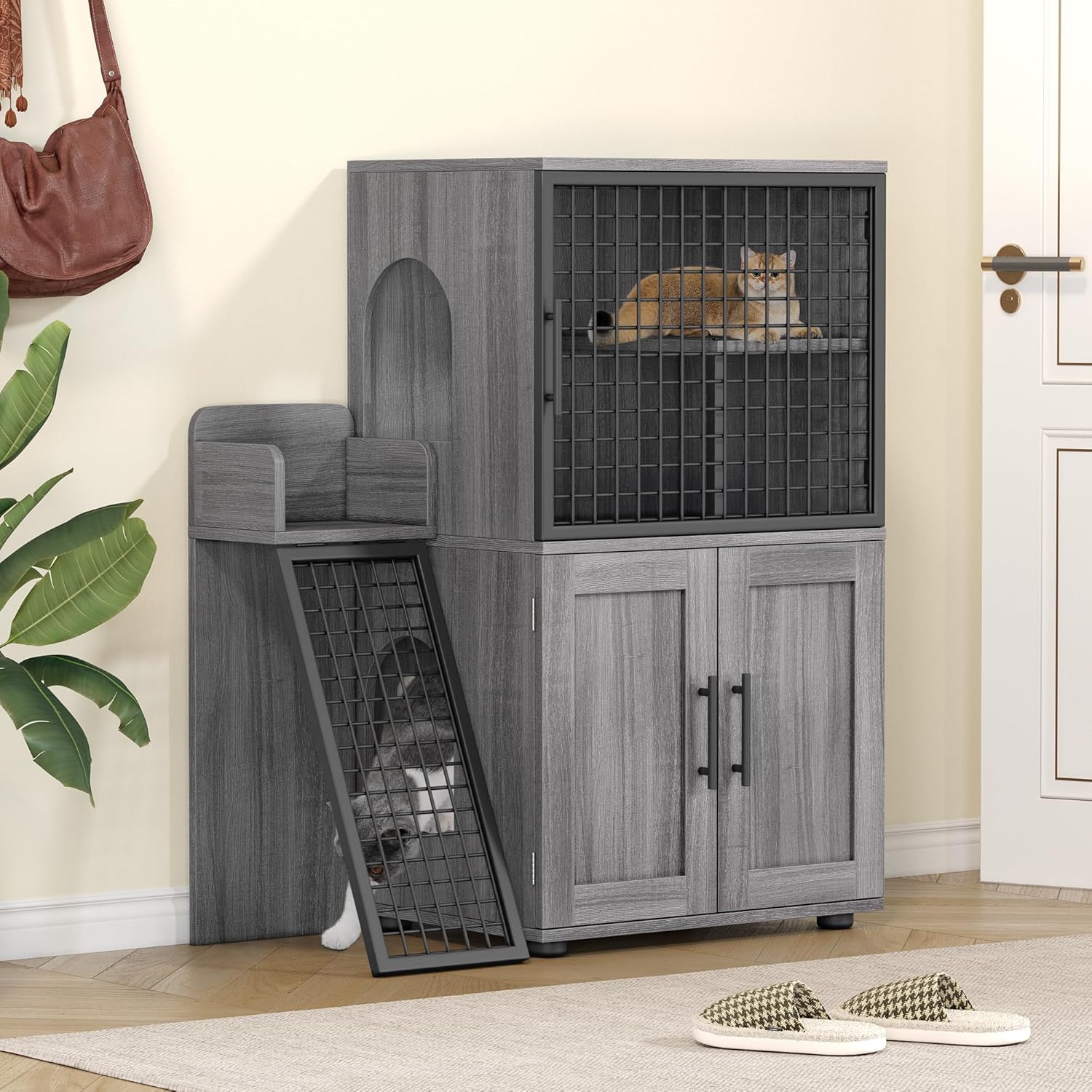 Towallmark Modern Villa Cat Litter Box Enclosure with Platform,Double Layer Cat Litter Hidden Furniture, Large Cat Cabinet with Ladder, Cat Washroom Indoor Cat House, Wax Wood