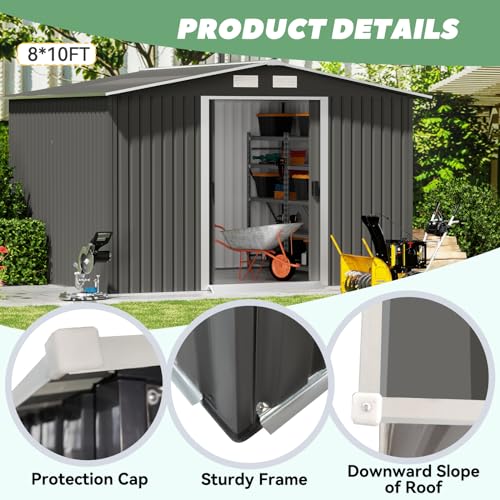 10' x 10' Outdoor Storage Shed, Garden Tool Shed with Double Sliding Door and Sloping Roof, Metal Shed House for Backyard Patio Lawn to Store Utility and Tools, Gray