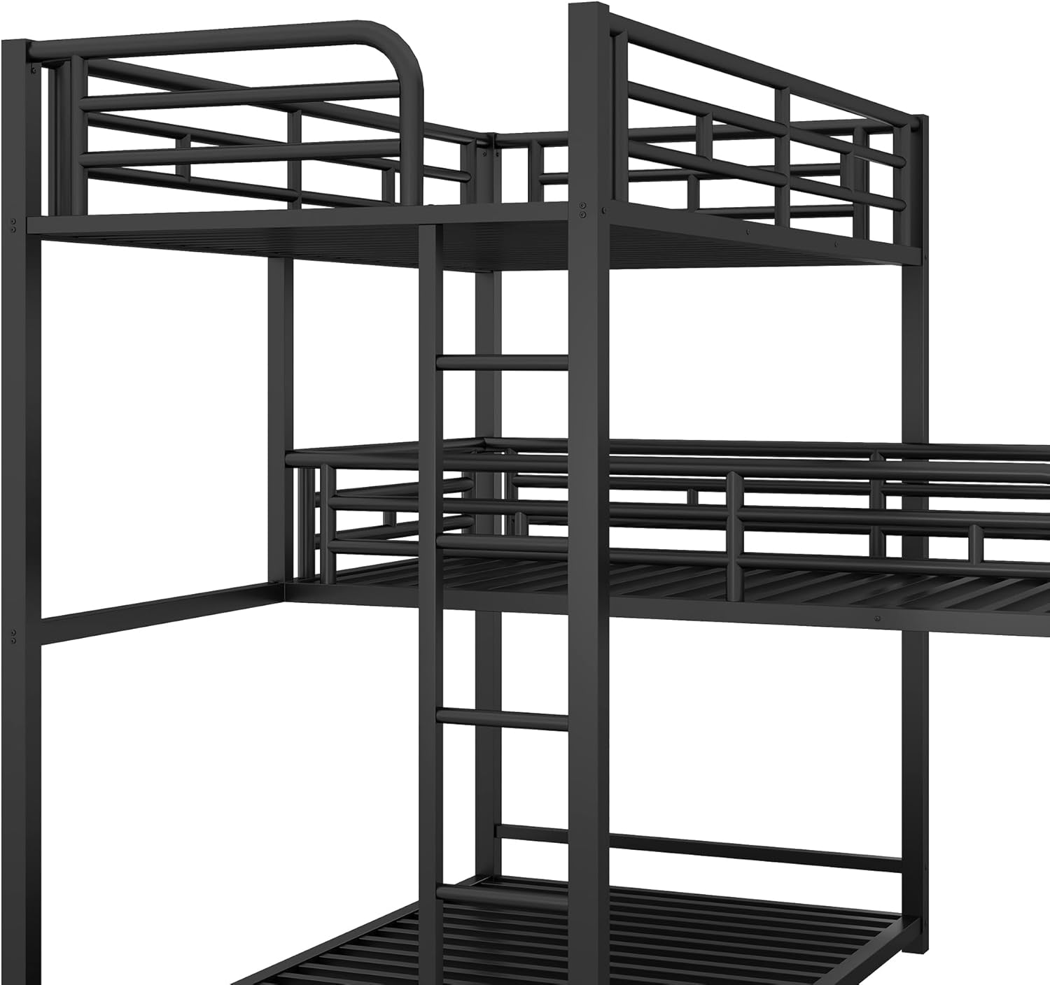L-Shaped Triple Bunk Bed, Heavy Duty Metal Twin Size Bunk Bed with Ladder and High Guardrail, Triple Bunk Bed for 3 Kids Teens Adults, Space Saving, No Box Spring Needed, Black