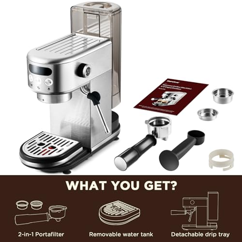 Neretva 20 Bar Espresso Machine, Super Compact Espresso Maker with LED Display & Milk Frother for Home Barista Stainless Steel Professional Coffee Machine Espresso Latte and Cappuccino Maker