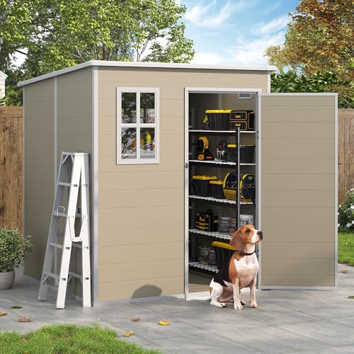 Outdoor Storage Shed, 6x6 FT Resin Shed with Floor and Lockable Door, Window, Vents, Tool Sheds and Outdoor Storage for Bike, Garden Accessories, Tools, Waterproof (Grey & White)