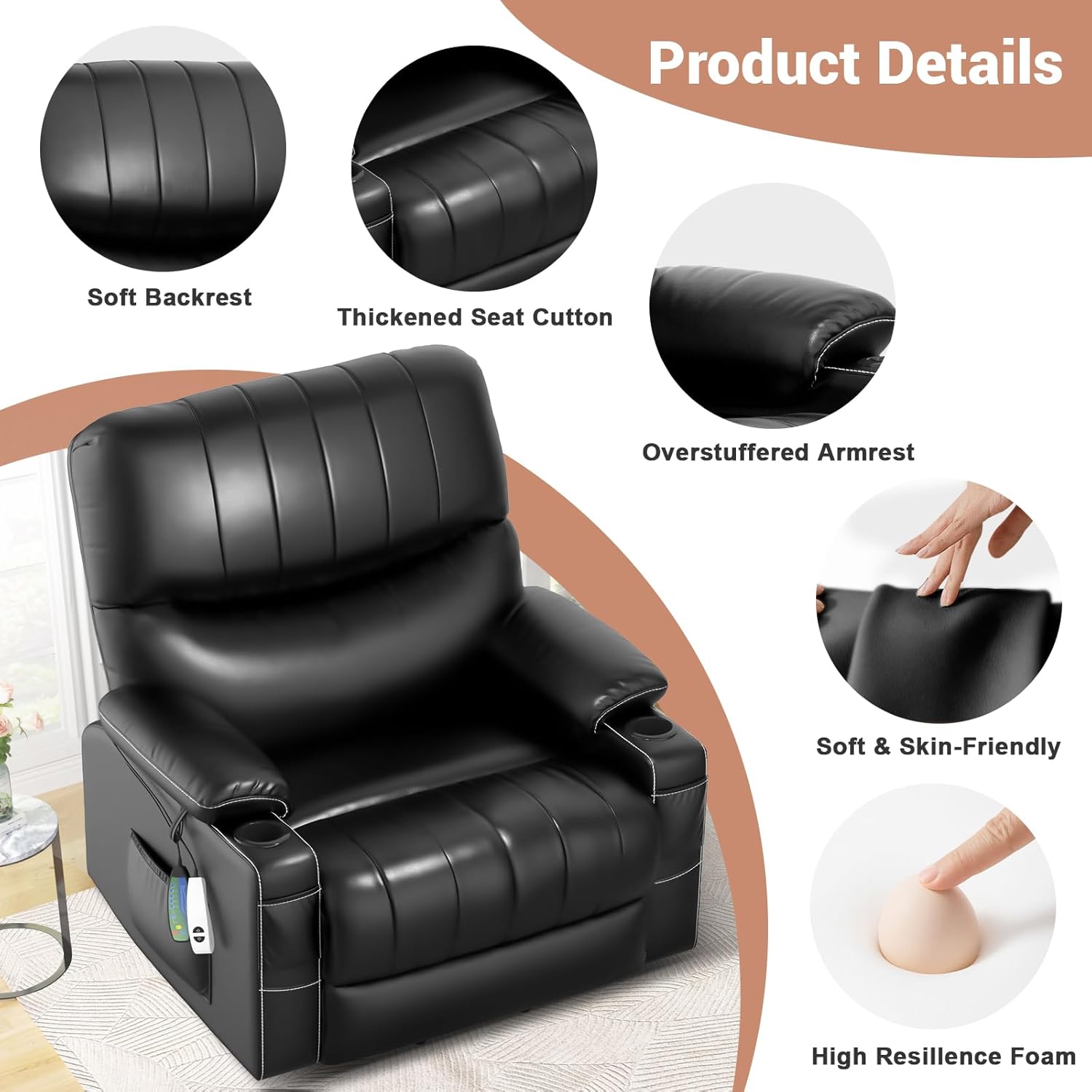 Large Lift Chair, Oversized Power Lift Recliner Chair for Elderly, Lift Chair Recliner for Elderly with Heat and Massage, Faux Leather Lift Chair with Cup Holders, USB Ports, Infinite Position