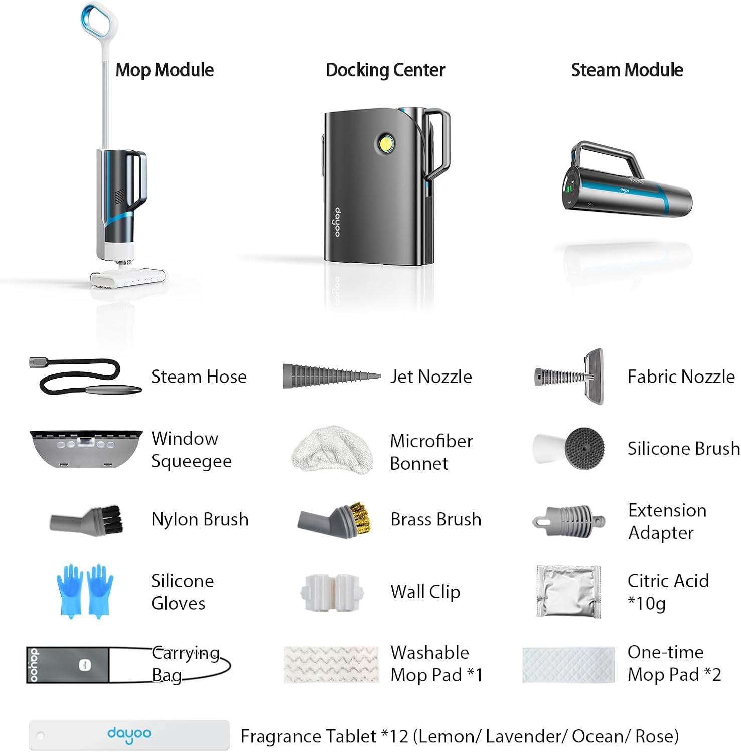 DAYOO Cordless Steam Mop - Multifunctional Steam Cleaner, 19 in 1 Steamer, Whole House Steamer with Food Grade Nozzle for Babies and Pets, 30s Fast Heats Up Powerful Floor Steamer for Home Use.