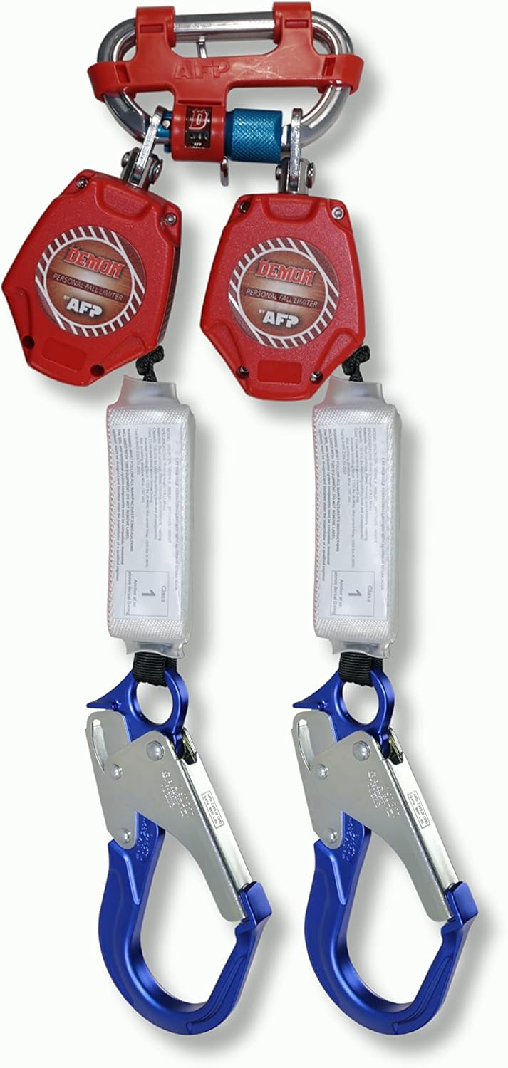 AFP Demon 6 Foot Double Web Leg Self Retracting Lifeline Safety Yoyo, Shock Pack Absorber, Aluminum Rebar Pelican Hook & Aluminum Carabiner Fall Protection Arrest Limiter SRL | OSHA & ANSI Rated