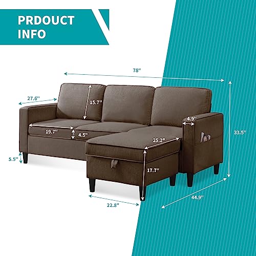 BALUS 78" W Convertible Combination Sofa, L-Shaped Sofa, Linen Couch with Reversible Storage Ottoman, Living Room Small Space Apartment (Light Grey)