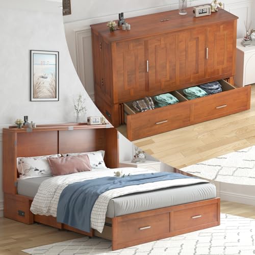 PUREMIND Queen Murphy Bed Cabinet with 2 Storage Drawers, Hideaway Murphy Chest Bed with Mattress, Cabinet Beds Wallbed with USB Charging Station for Bedroom, Guest Room