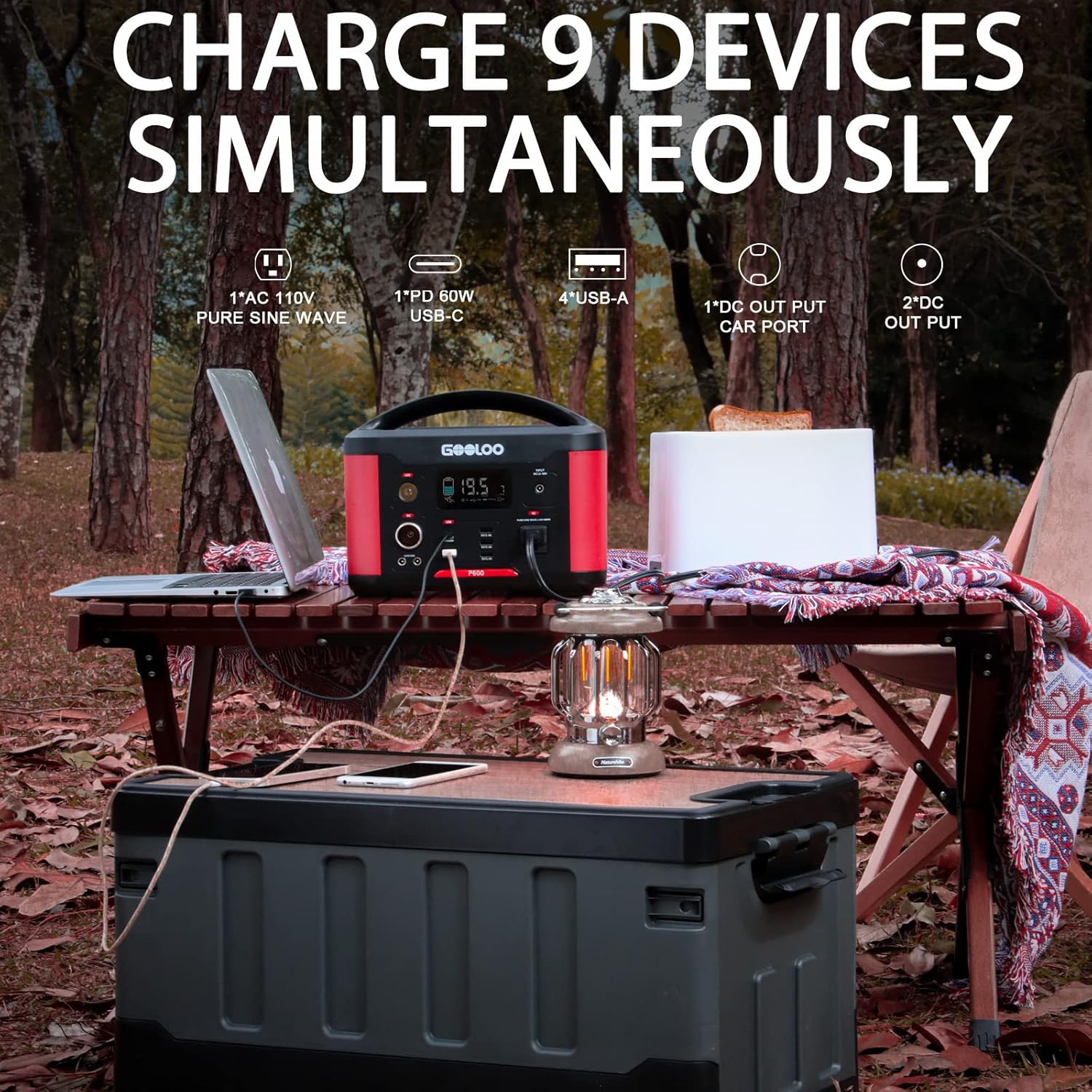 GOOLOO Portable Power Station P600, 626Wh Outdoor Generator with 110V/600W AC Outlets & LED Flashlight,PD 60W Input/Output, QC 3.0 Port, SuperSafe Backup Lithium Battery for Outdoor RV/Van Camping, Emergency