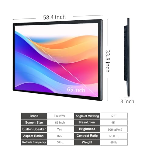TouchWo 65 inch Interactive Touchscreen Monitor, Smart Board with 4K Display, Win-OS Electronic Whiteboard Touch Screen PC for Office and Classroom