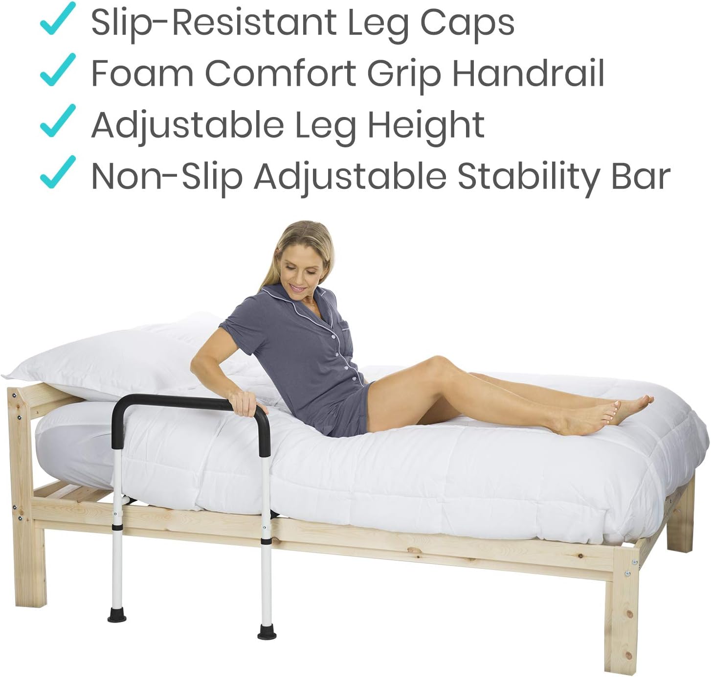 Vive Bed Assist Rail - Adult Bedside Standing Bar for Seniors, Elderly, Handicap, Kid - Fit King, Queen, Full, Twin - Adjustable Fall Prevention Safety Handle Guard - Long Hand Bedrail Grab Bar Cane