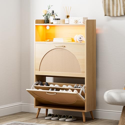 LED Rattan Shoe Storage Cabinet with 2 Flip Drawers,Freestanding Narrow Shoe Organizer Rack Slim Wood for Entryway,Foyer,Hallway,Living Room,Natural