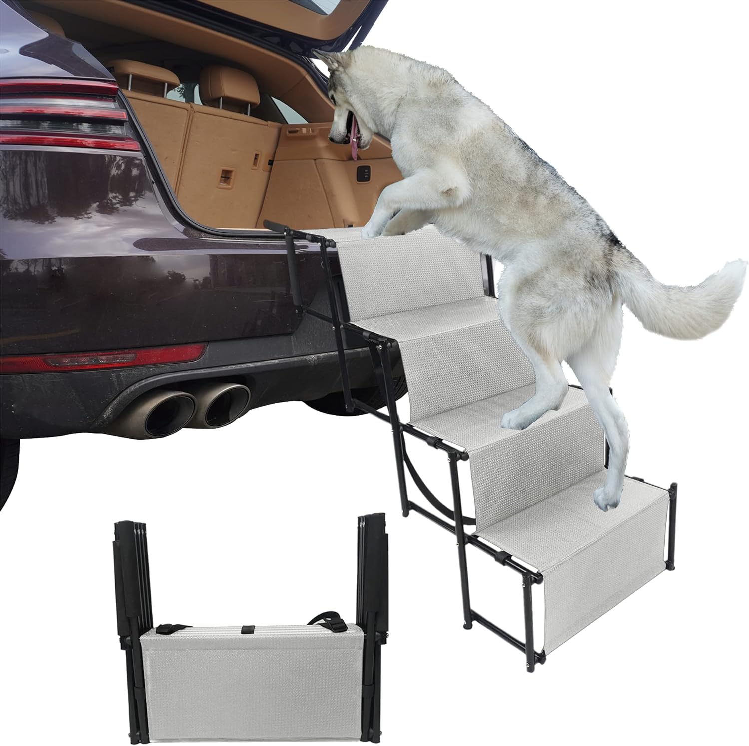 YEP HHO 4 Steps Upgraded Folding Pet Stairs Ramp Lightweight Portable Cat Dog Ladder with Waterproof Surface Great for Cars Trucks SUVs (Grey)