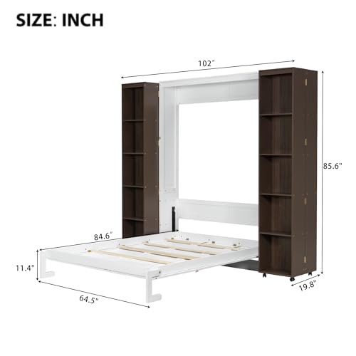 MERITLINE Foldable Hidden Queen Murphy Bed Cabinet with Storage Bookshelf Bookcase, Wood White Murphy Wall Bed with Storage Shelves for Adults (Espresso)