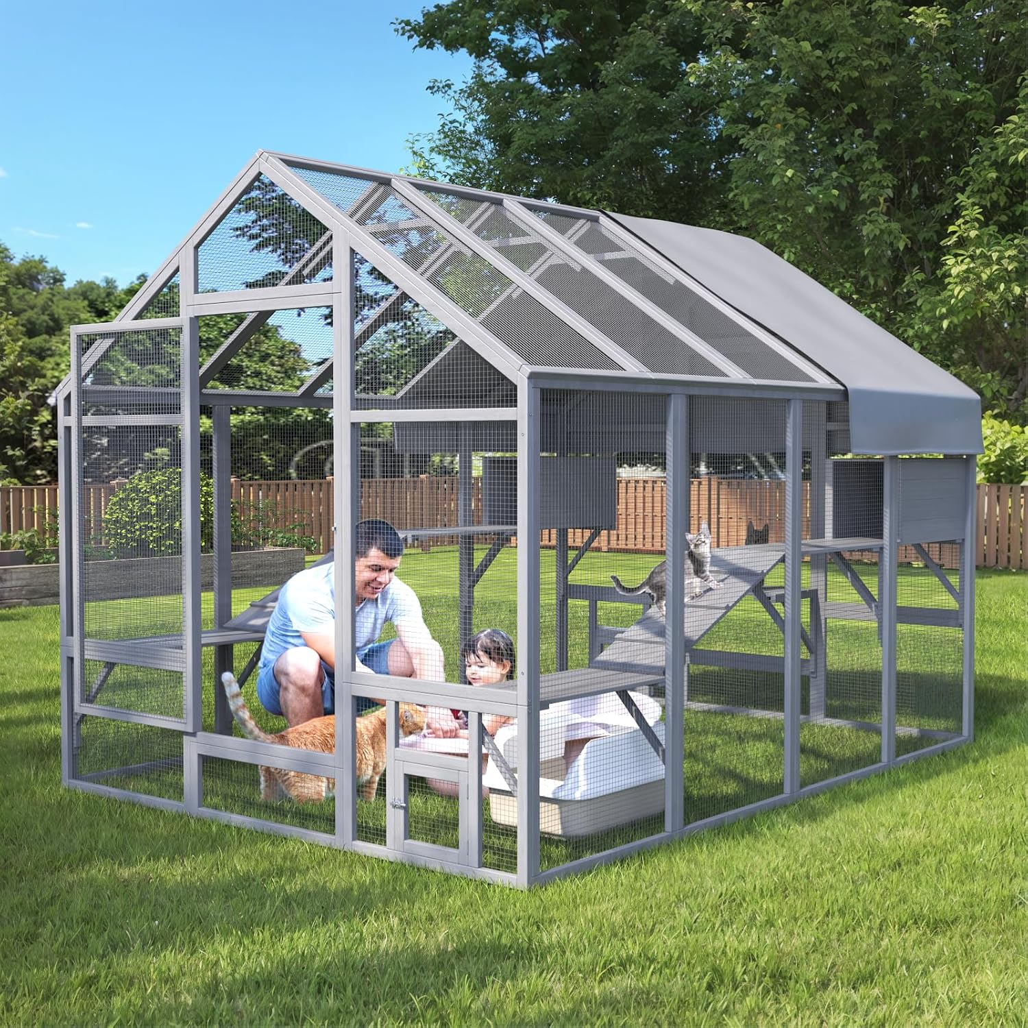 Large Cat Catio, Catio Outdoor Cat Enclosure for Multiple Cats with 7 Platforms, 2 Resting Box and 2 Bridges, Wooden Feral Cat Shelter with Waterproof and UV Proof Canopy, 71 x 71 x 97 inch
