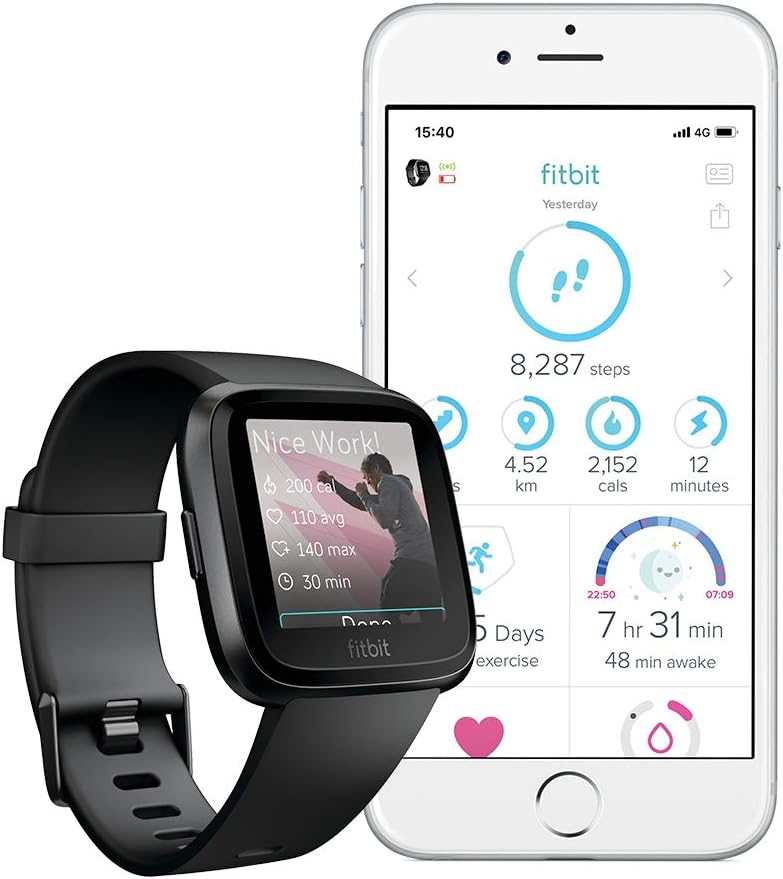 FITBIT Versa Smart Watch, Black/Black Aluminium, One Size (S & L Bands Included)
