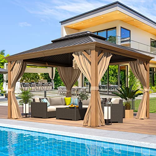 EROMMY 14'x20' Hardtop Gazebo Double Roof Galvanized Steel Canopy Outdoor Aluminum Frame Permanent Metal Pavilion with Netting and Curtains for Patio Backyard Deck and Lawns