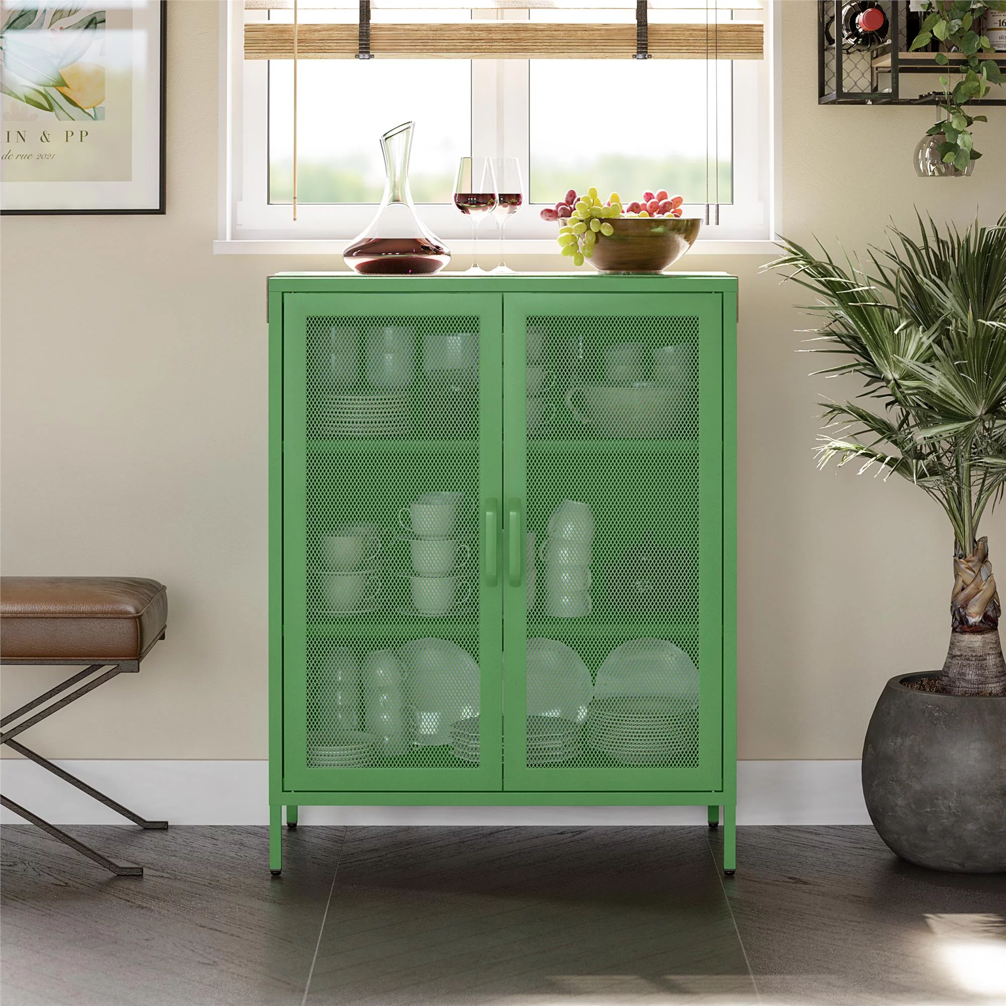 Novogratz Channing 2 Door Accent Cabinet-Mesh Metal Locker, Kelly Green