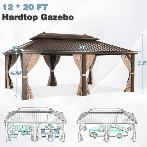MELLCOM 12'x16' Hardtop Gazebo, Galvanized Steel Metal Double Roof Canopy with Curtains and Netting, Brown Permanent Pavilion Gazebos with Aluminum Frame for Garden, Patio, Lawns, Deck