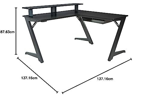 OSP Home Furnishings Avatar Battlestation L-Shape Gaming Desk with Bluetooth RGB LED Lights and Carbon Fiber Surface, Red