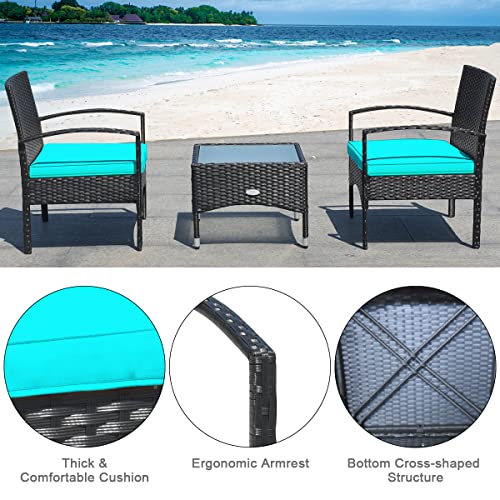 COSTWAY 3 PCS Patio Wicker Conversation Set, PE Rattan Sofa with Tempered Glass Coffee Table, 2 Chairs, 2 Cushions, Outdoor Patio Furniture Set for Yard Porch Bistro Balcony Backyard Pool, Red