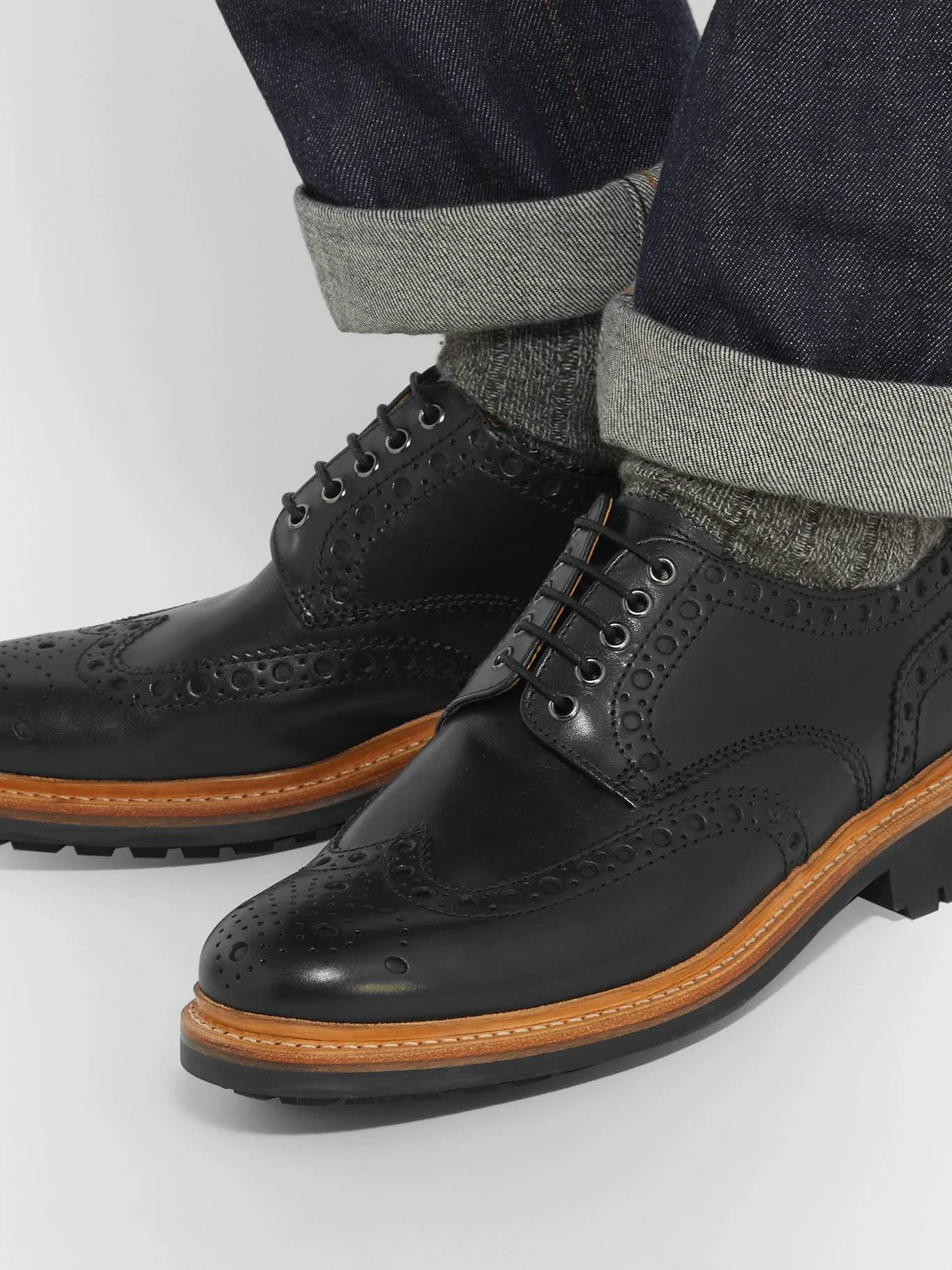 Grenson - Men - Archie Leather Wingtip Brogues Black - Fabric, inner:fabricu0026rubber, sole:rubber:Upper: Fabric, Inner: Fabric