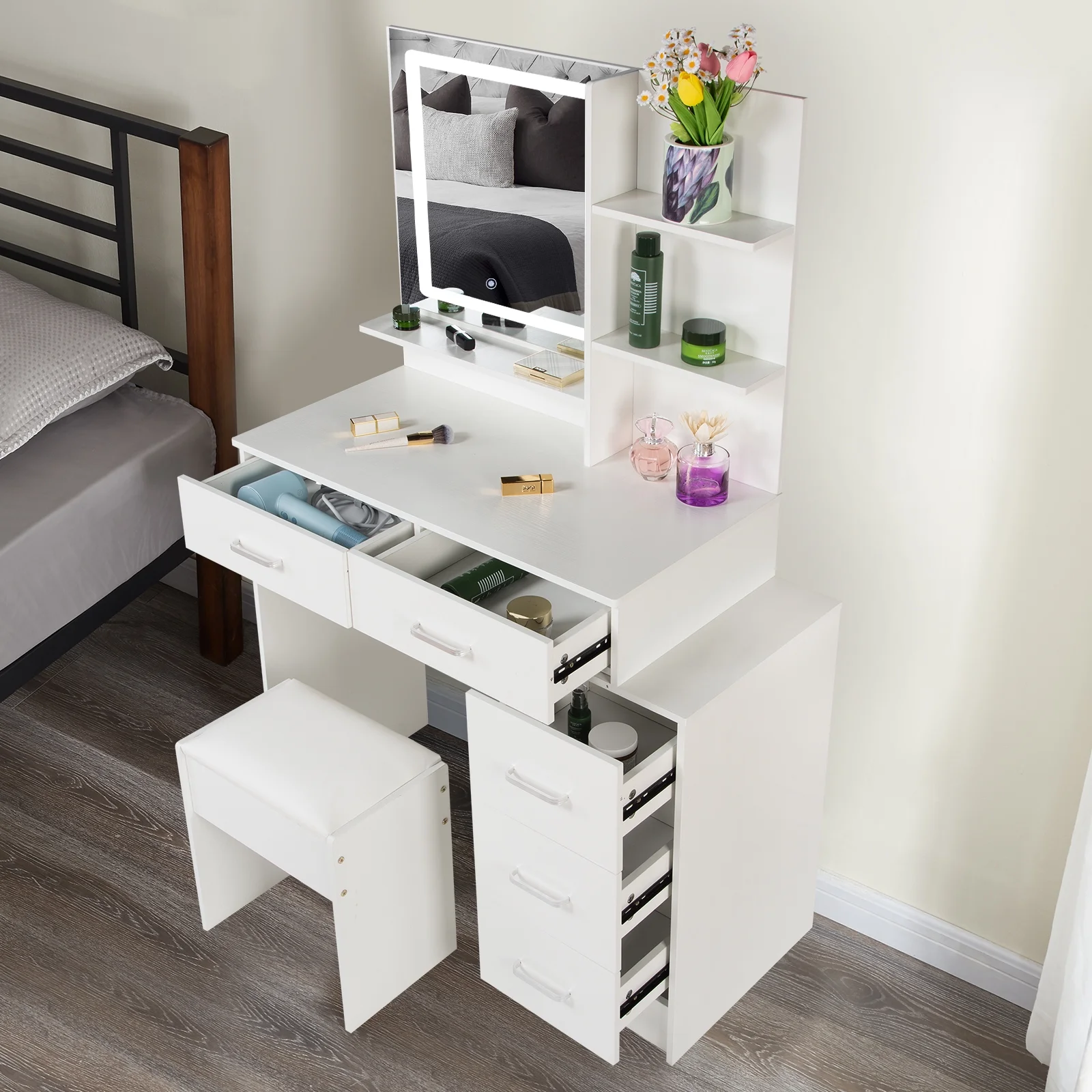 JBLCC Vanity Set with LED Lighted Mirror, Makeup Vanity Desk with Drawers and Shelves, Dressing Table with Stool, White Vanity for Girls Bedroom