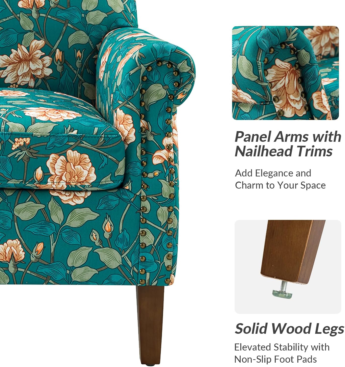 Modern Accent Chair With Wood Legs & Removable Cushion, Comfy Upholstered Armchair Nailhead Trim, Floral Design Single Sofa Cozy Club Chair For Reading Office Living Room Bedroom, Teal