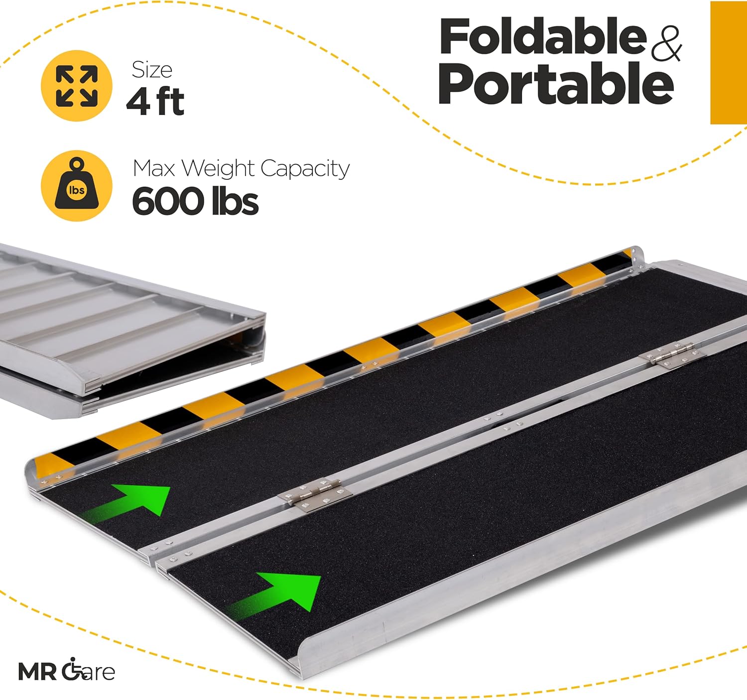 MR CARE Portable Wheelchair Ramp | Lightweight Foldable Ramps for Wheelchairs with Handle | Featuring Unique Yellow Reflective Caution Stickers | Perfect Wheel Chair Ramp for Home Steps (2FT)