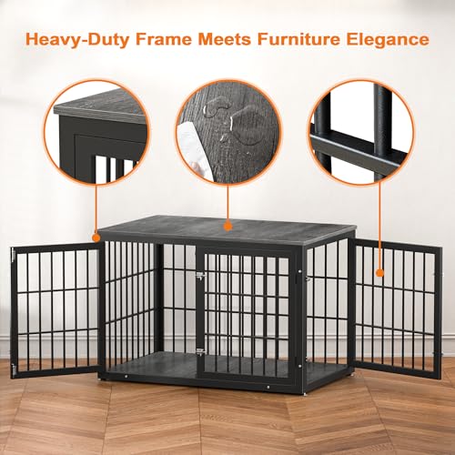 48 Inch Heavy Duty Dog Crate Furniture for Large Dogs, Decorative Pet House End Table, Extra Large Wooden Cage Kennel Furniture Indoor, Natural and White
