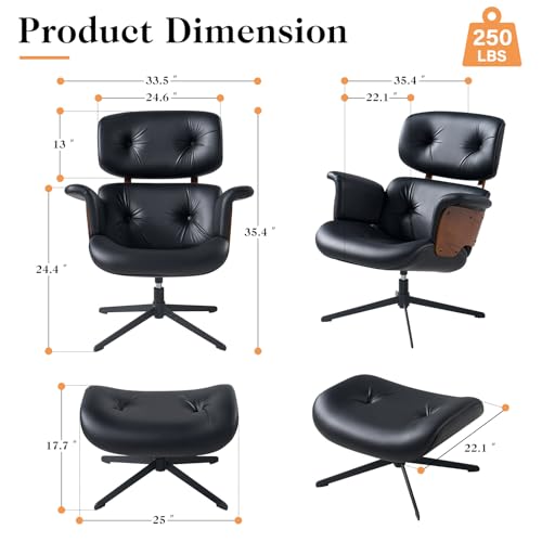 Mid Century Recliner Swivel Chair with Ottoman, Ergonomic Armchair with Comfy Cushion, Walnut Wood Base, PU Leather, Heavy Duty Support for Living Room, Black
