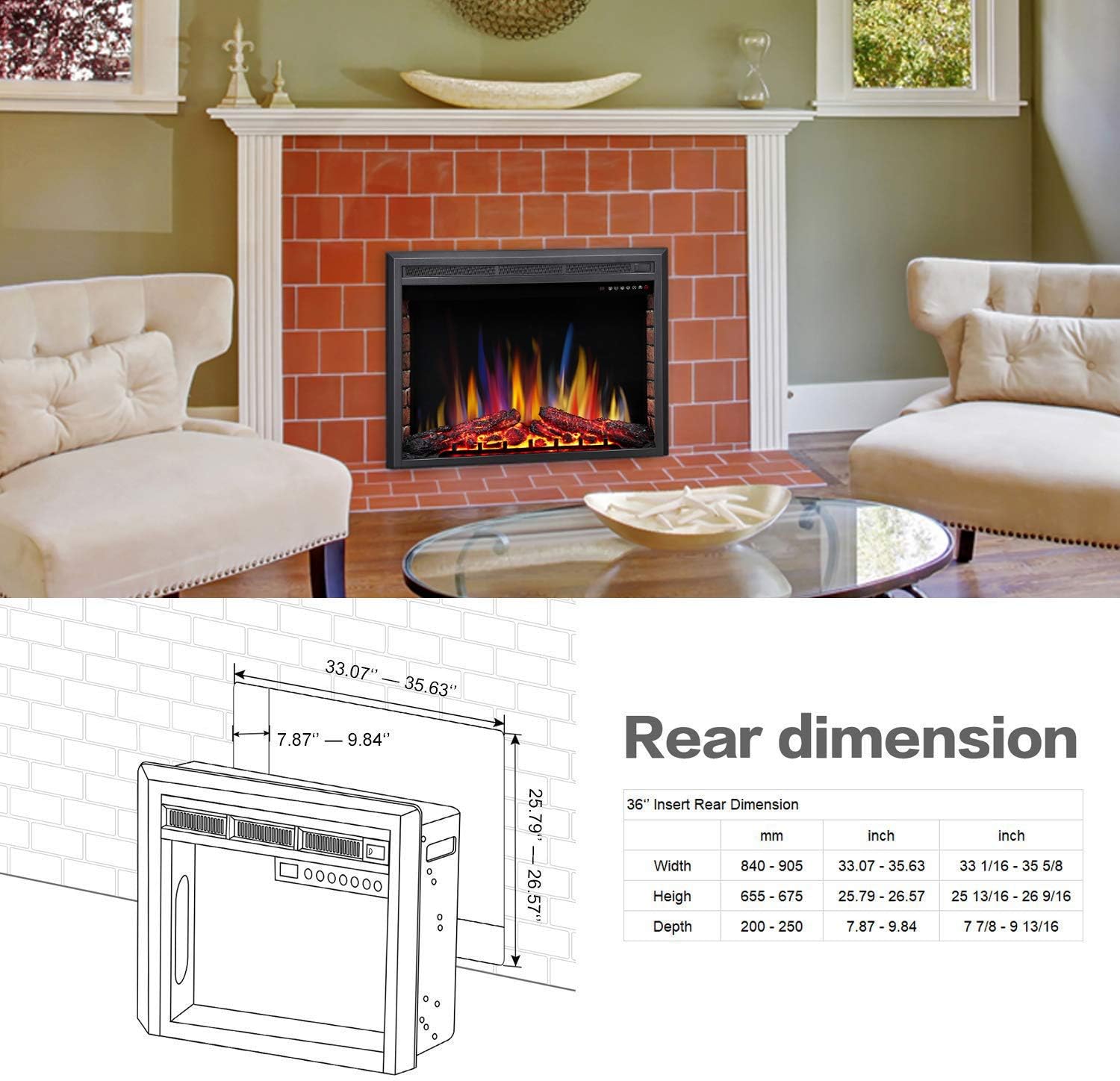 R.W.FLAME 36" Electric Fireplace Insert ,Recessed Electric Stove Heater,Touch Screen,Remote Control,750W-1500W with Timer & Colorful Flame Option