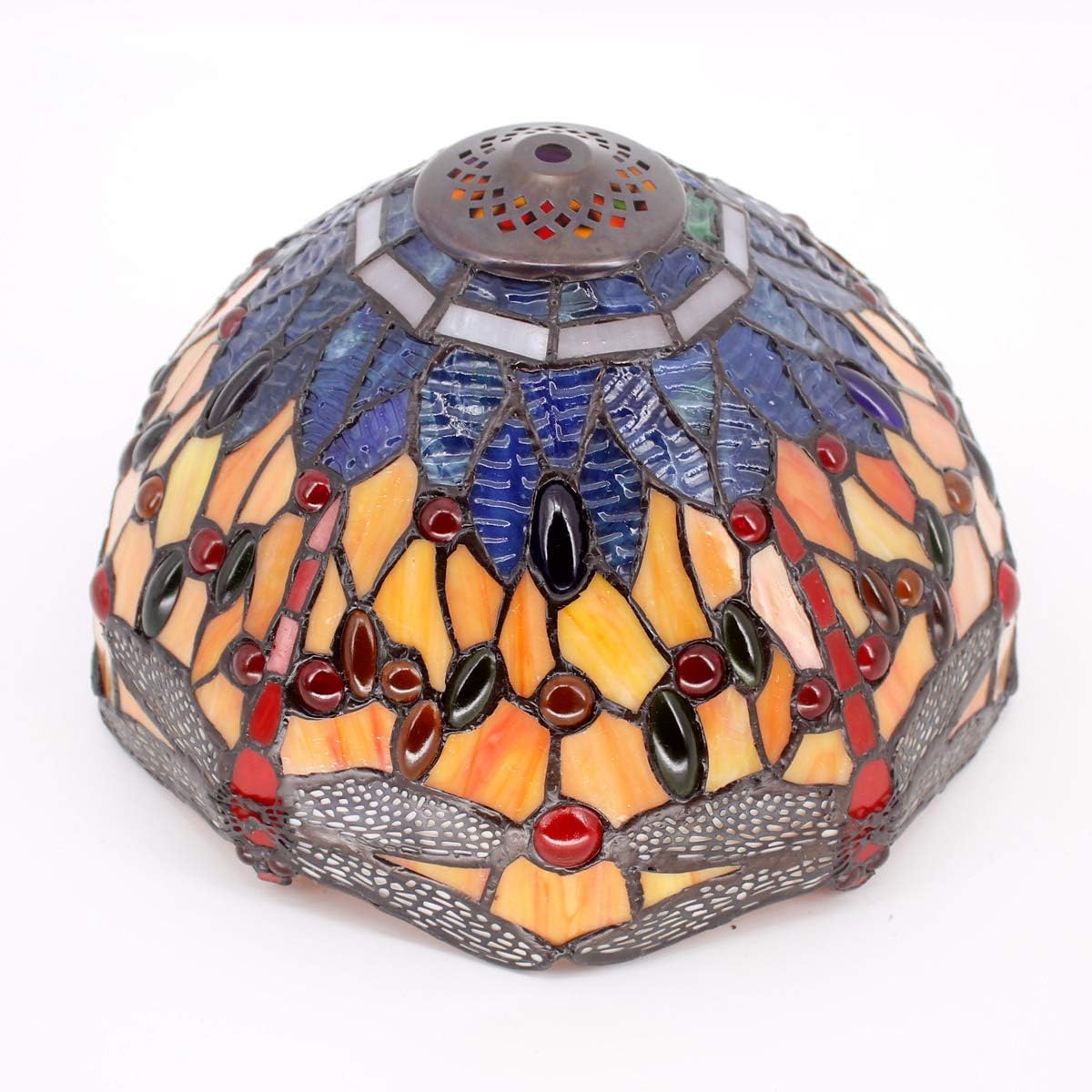 WERFACTORY Tiffany Lamp Stained Glass Bedside Table Lamp Orange Blue Dragonfly Style Reading Desk Light 12X12X18 Inches Decor Bedroom Living Room Home Office S168 Series