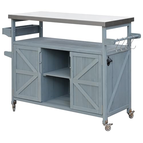 Outdoor Kitchen Island,Rolling Bar Cart & Storage Cabinet,Solid Wood Grill Table with Stainless Steel Top and Internal Storage Racks,for Patio Kitchen & Barbecue (Natural@Grill Table)