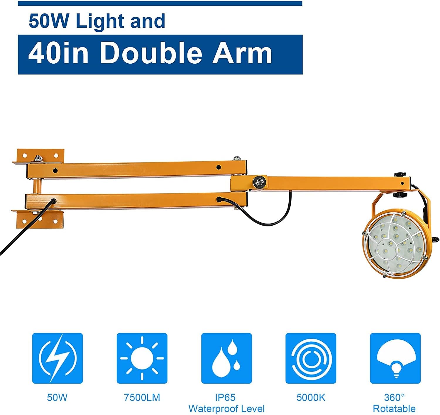 LED Loading Dock Light, Lawind LED Dock Light with Double Swing Arm, Heavy Duty Steel Loading Dock Mounting Arm, 360° Rotatable Construction Lights for Warehouse Work, Docks (50W Light & 40in Arm)