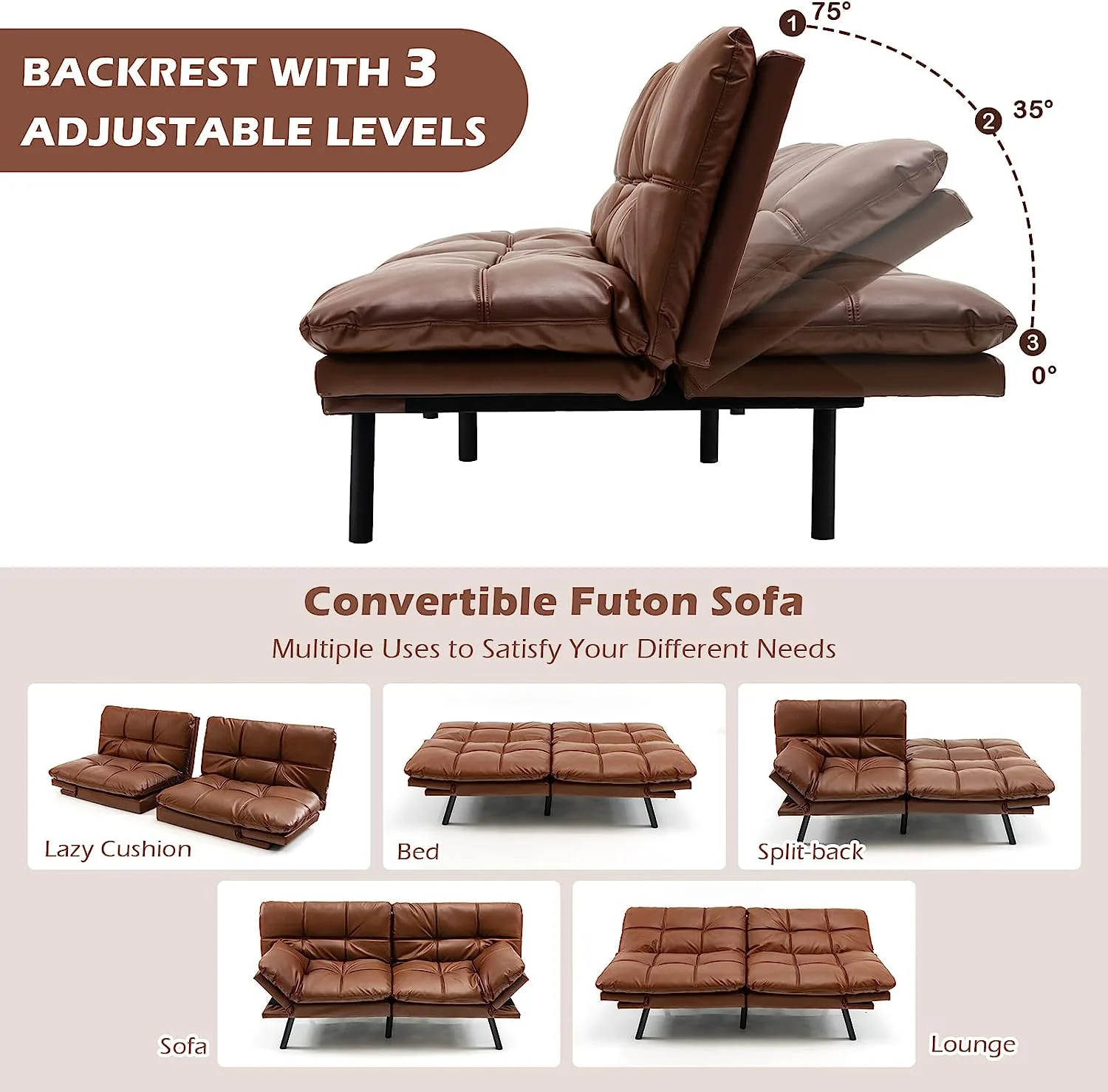Futon Sofa Bed, Convertible Memory Foam Futon Couch Sleeper with Adjustable Backrest and Armrests, for Small Apartments Home Office, Brown
