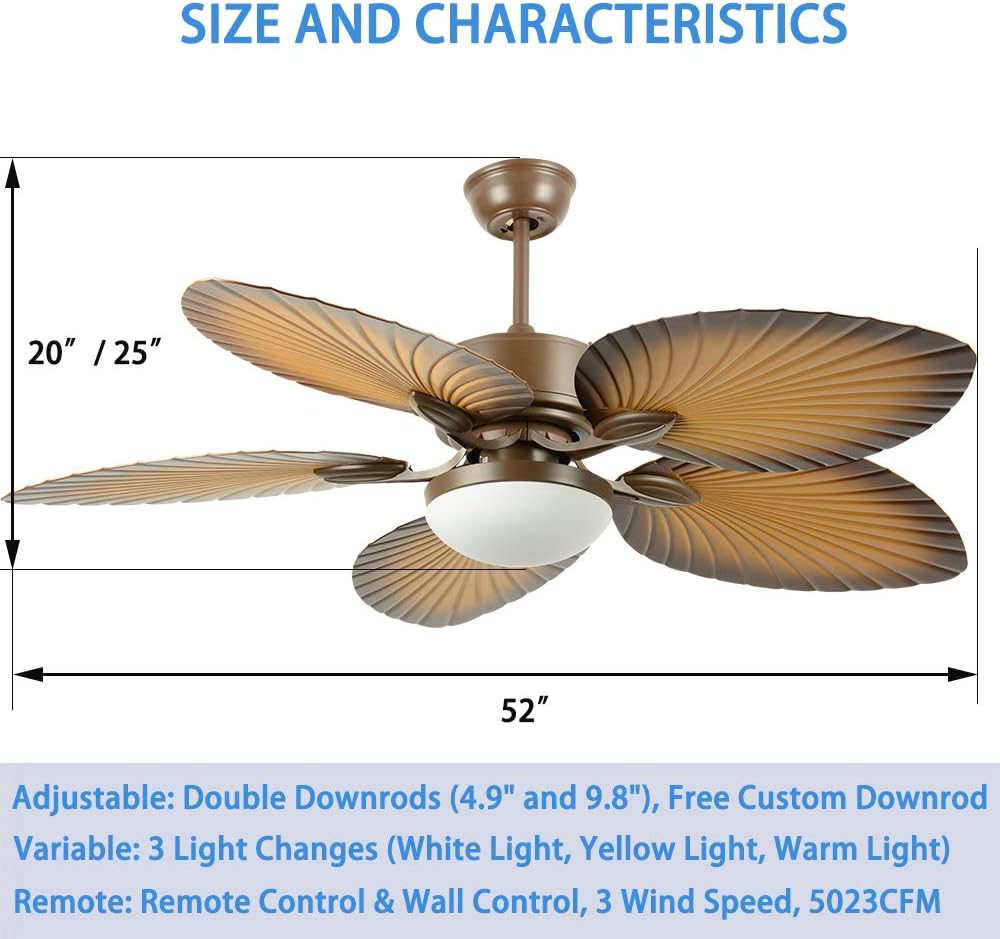 52" Tropical Palm Ceiling Fan with LED Light and Five Palm Leaf Blades - New Bronze Finish
