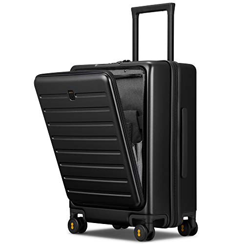 LEVEL8 Carry On Luggage with Compartment, 20 Inch Lightweight Hard Shell Rolling Suitcase with Wheels Airline Approved, Checked Luggage with Front Pocket, Double Tsa Locks - Black