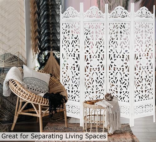 Room Divider Wood Screen - Ghanti Bells Antique Brown - 4 Panel Folding 72 x 80 - Assembled Hand Carved Decorative Functional Versatile Portable Partition Reversible Privacy Boho - COTTON CRAFT