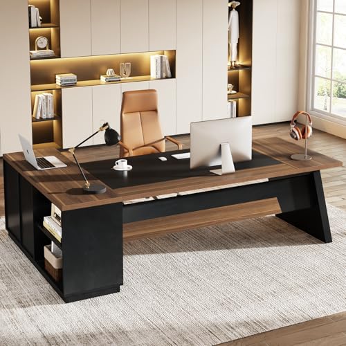 Tribesigns L-Shaped Executive Desk, 78" Modern Office Desk with Drawers and Lateral File Cabinet, Large Computer Desk with Storage Shelves, Workstation for Home Office (Walnut + Black)