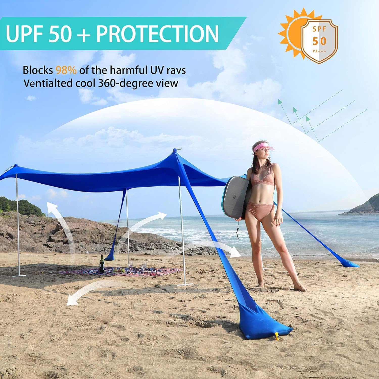 Sunhigo Beach Shade Canopy UPF50+ Family Beach Tent with 4 Aluminum Poles, Sand Shovel and Carry Bag, Portable Beach Sunshade Pop Up Sun Shelter for Beach,Fishing,Backyard and Picnics (10x10 Ft,Navy)