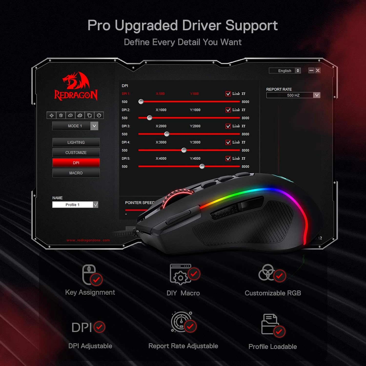 Redragon M612 Predator RGB Gaming Mouse, 8000 DPI Wired Optical Gamer Mouse with 11 Programmable Buttons & 5 Backlit Modes, Software Supports DIY Keybinds Rapid Fire Button Pack of 2
