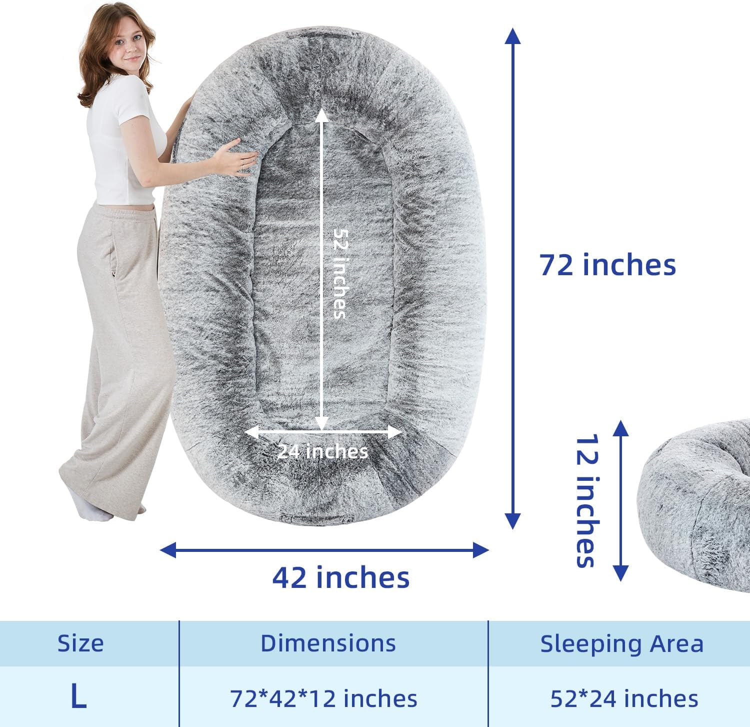 Human Dog Bed for Adult, Fluffy Faux Rabbit Fur Human Size Dog Bed Better Sleeping, Supportive with Orthopedic Memory Foam Mats, Giant Dog Bean Bag Bed, 72"x42"x12", Grey