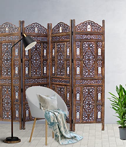 Room Divider Wood Screen - Ghanti Bells Antique Brown - 4 Panel Folding 72 x 80 - Assembled Hand Carved Decorative Functional Versatile Portable Partition Reversible Privacy Boho - COTTON CRAFT