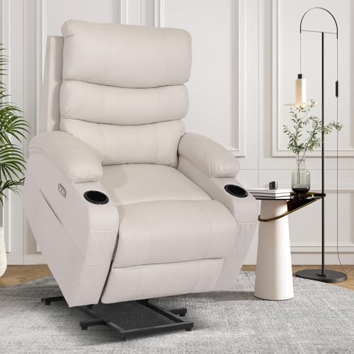Power Lift Recliner Chair, Electric Lift Chair with Massage and Heat for Elderly, Technical Fabirc Lift Recliner Sofa for Seniors, Side Pockets,Cup Holders, USB Ports, Remote Control(Cream)