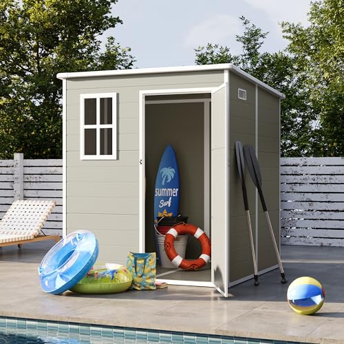 UDPATIO Outdoor Storage Shed 6 x 6 FT, Resin Garden Sheds with Floor Plastic Patio Outdoor Storage Shed with Lockable Door for Tool, Bike, Garbage Gray White