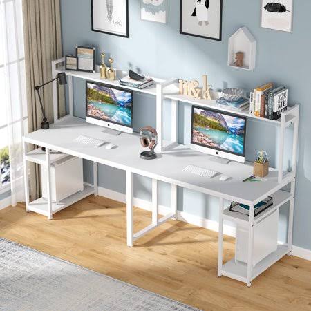 Tribesigns Double Desk, 94.5 Inches Extra Long Computer Desk with Hutch and Storage Shelves, Two Person Workstation Table for Ho