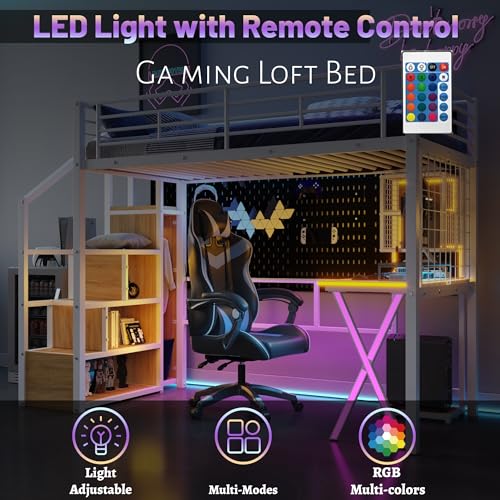 Full Size Loft Bed with Desk and Stairs,Metal Gaming Loft Bed Full with Wardrobe and Shelf, High Loft Bed with LED & USB Charging Station for Teens, Adults, Space Saving Design,Black