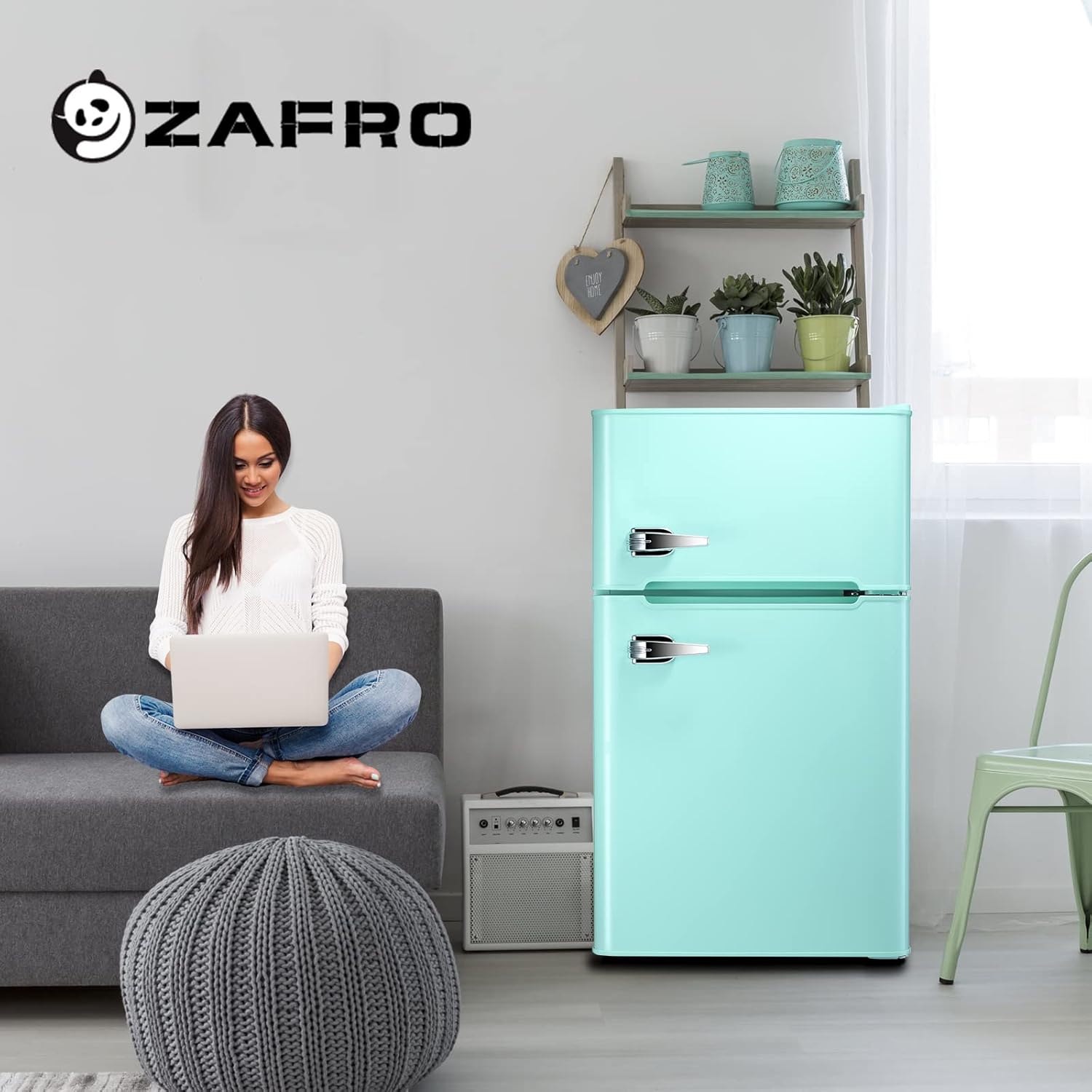 ZAFRO 3.2 Cu.ft. Refrigerator with Double Doors, Mini Fridge with Freezer, Fridge with Adjustable Thermostat 20" D x 19" W x 33.5" H, Compact Refrigerator for Dorm Apartment Office Kitchen-GREEN