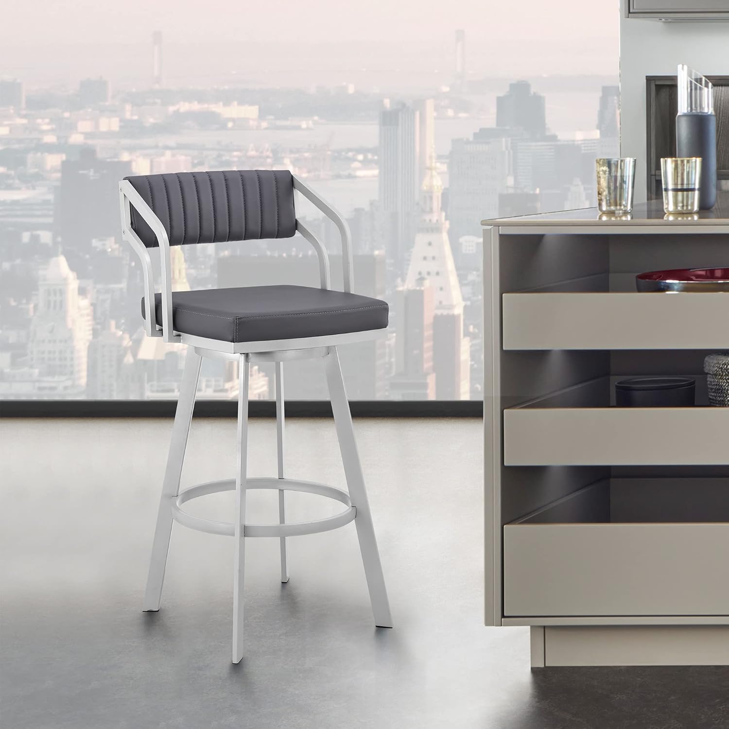 Armen Living Capri 26 Counter Height Swivel Barstool with Black Finish and Slate Grey Faux Leather